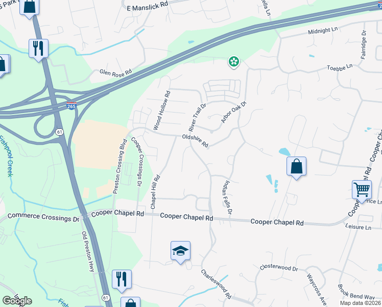 map of restaurants, bars, coffee shops, grocery stores, and more near 9716 River Trail Drive in Louisville