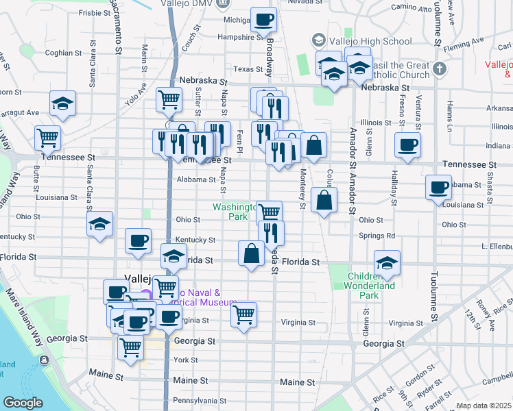 map of restaurants, bars, coffee shops, grocery stores, and more near 1218 El Dorado Street in Vallejo