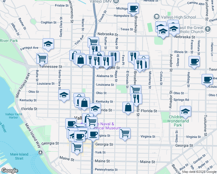map of restaurants, bars, coffee shops, grocery stores, and more near 1422 Sutter Street in Vallejo