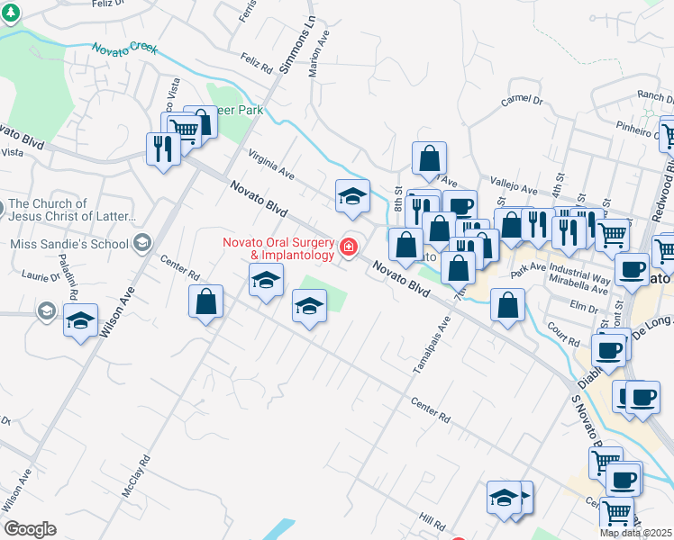 map of restaurants, bars, coffee shops, grocery stores, and more near 1807 Novato Boulevard in Novato