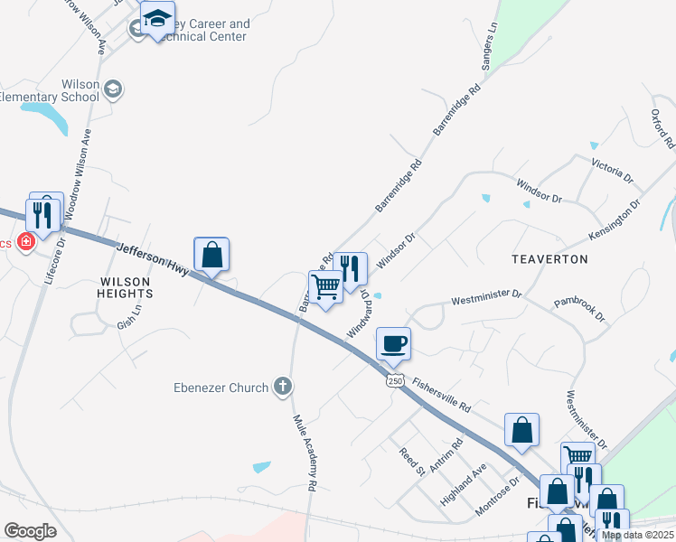 map of restaurants, bars, coffee shops, grocery stores, and more near 341 Windsor Drive in Fishersville
