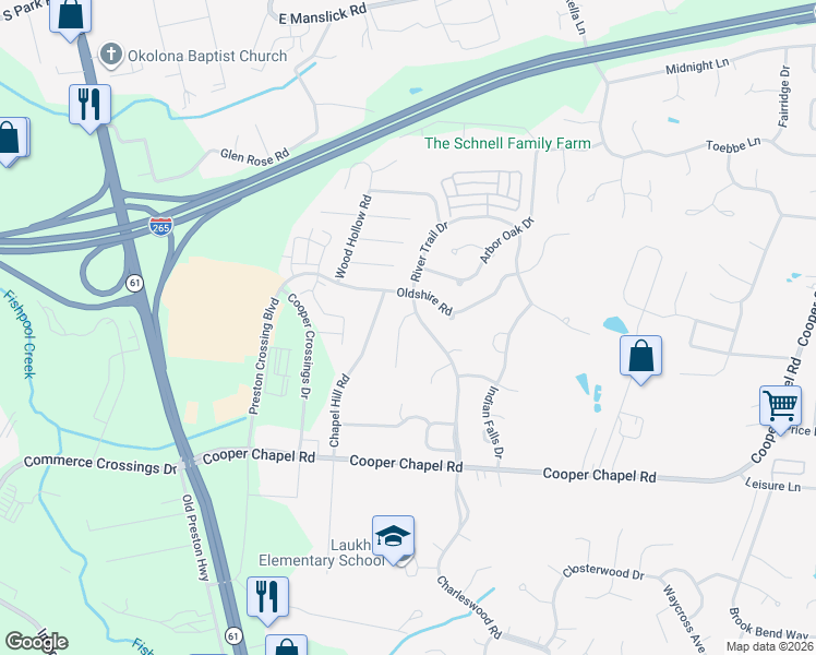 map of restaurants, bars, coffee shops, grocery stores, and more near 9720 River Trail Drive in Louisville