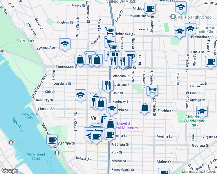 map of restaurants, bars, coffee shops, grocery stores, and more near 2314 Sonoma Boulevard in Vallejo