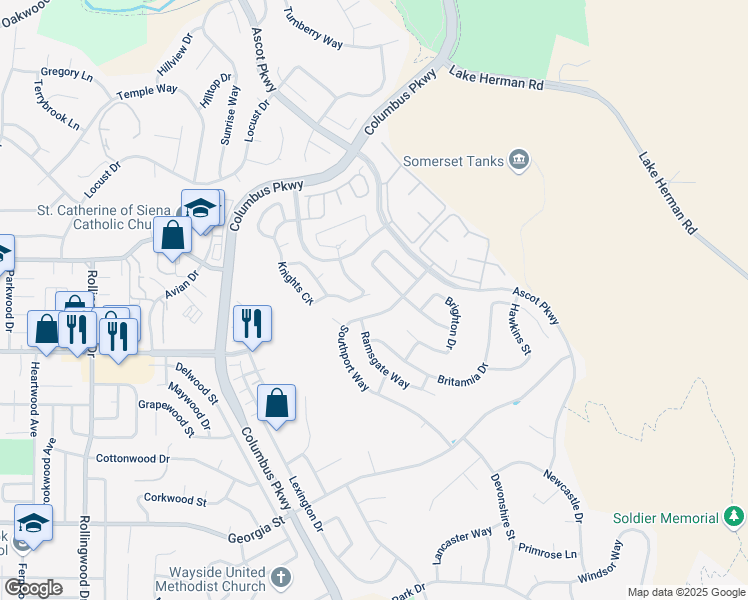 map of restaurants, bars, coffee shops, grocery stores, and more near 785 Knights Circle in Vallejo