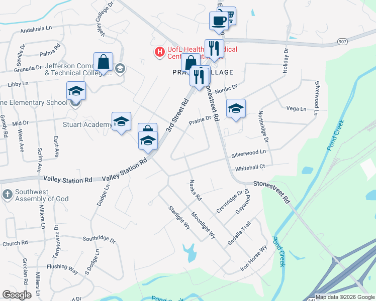 map of restaurants, bars, coffee shops, grocery stores, and more near 10025 Prairie Drive in Louisville
