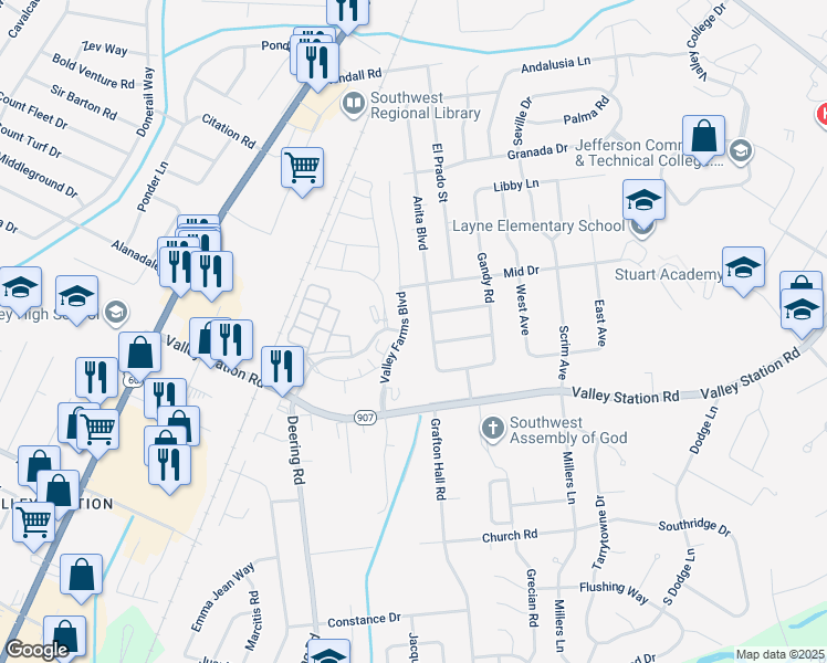 map of restaurants, bars, coffee shops, grocery stores, and more near 9911 Valley Farms Boulevard in Louisville
