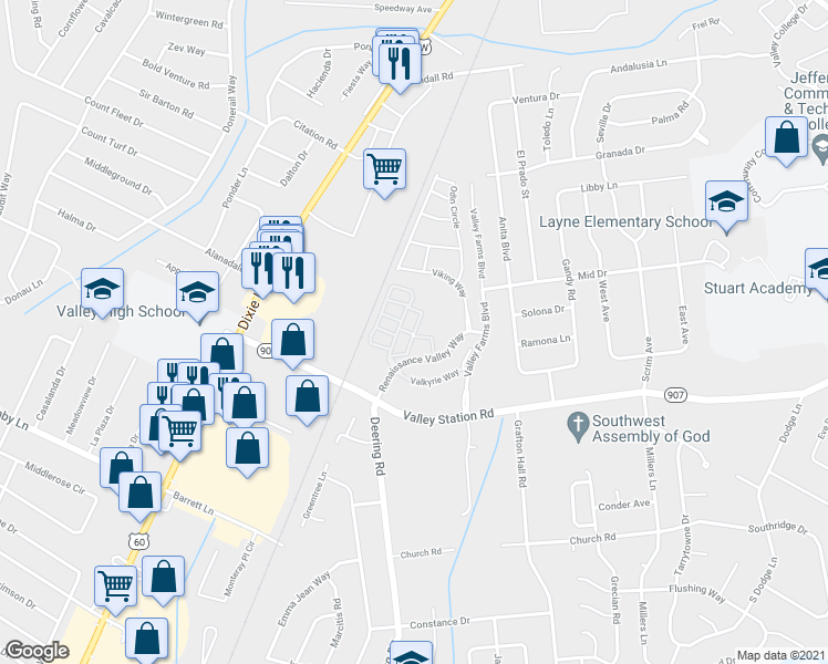 map of restaurants, bars, coffee shops, grocery stores, and more near 10126 Laurent Way in Louisville
