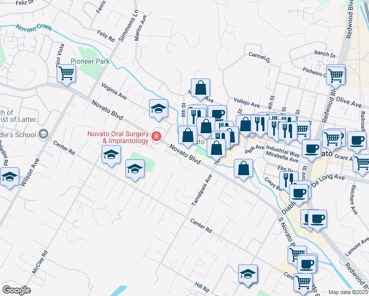 map of restaurants, bars, coffee shops, grocery stores, and more near 1744 Novato Boulevard in Novato
