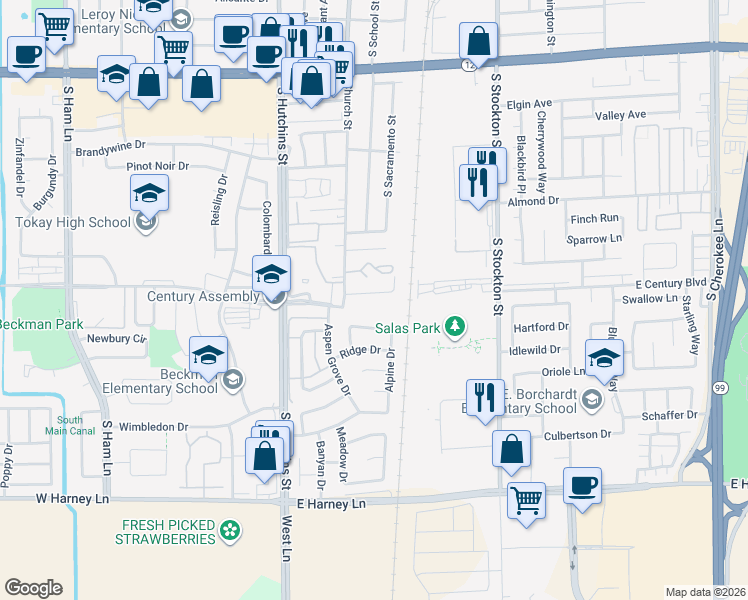 map of restaurants, bars, coffee shops, grocery stores, and more near 132 Swain Drive in Lodi