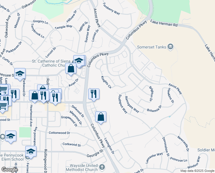 map of restaurants, bars, coffee shops, grocery stores, and more near 583 Knights Circle in Vallejo