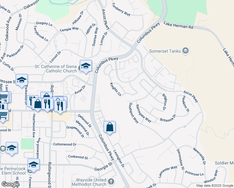 map of restaurants, bars, coffee shops, grocery stores, and more near 583 Knights Circle in Vallejo