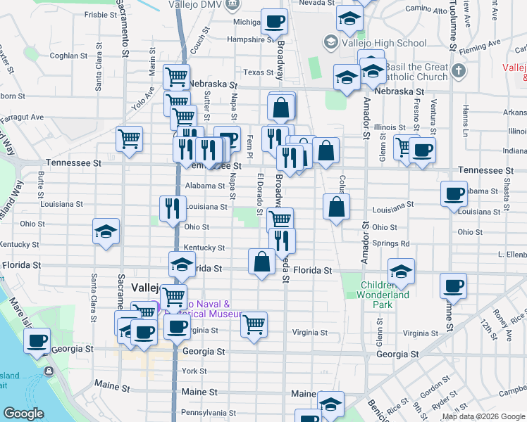 map of restaurants, bars, coffee shops, grocery stores, and more near 1218 El Dorado Street in Vallejo
