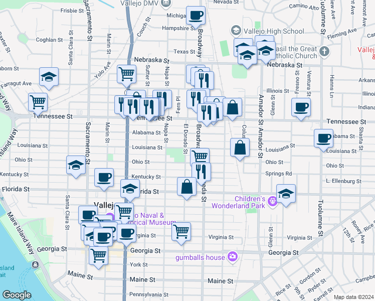 map of restaurants, bars, coffee shops, grocery stores, and more near 1218 El Dorado Street in Vallejo