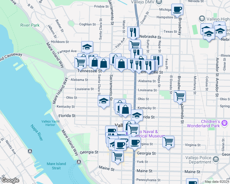 map of restaurants, bars, coffee shops, grocery stores, and more near 516 Overland Al in Vallejo
