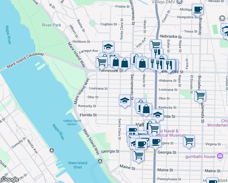 map of restaurants, bars, coffee shops, grocery stores, and more near 324 Ohio Street in Vallejo