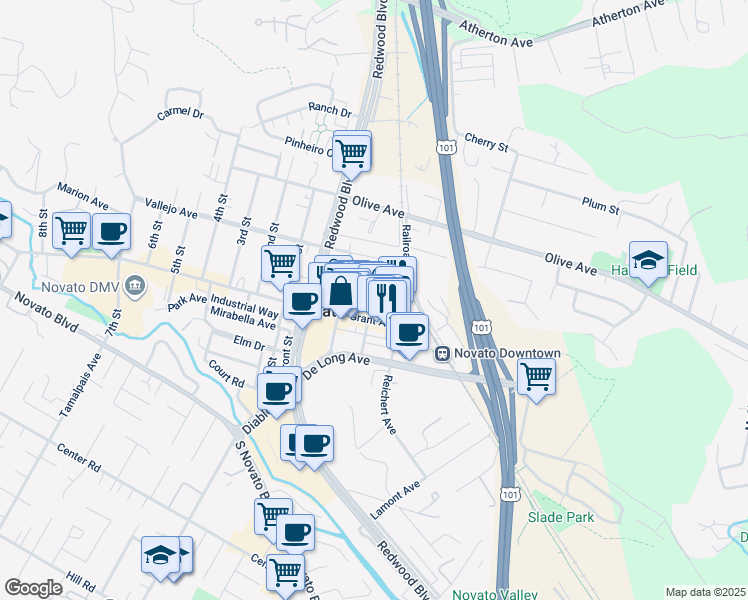 map of restaurants, bars, coffee shops, grocery stores, and more near 866 Grant Avenue in Novato