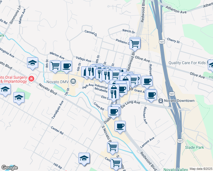 map of restaurants, bars, coffee shops, grocery stores, and more near 1120 Industrial Way in Novato