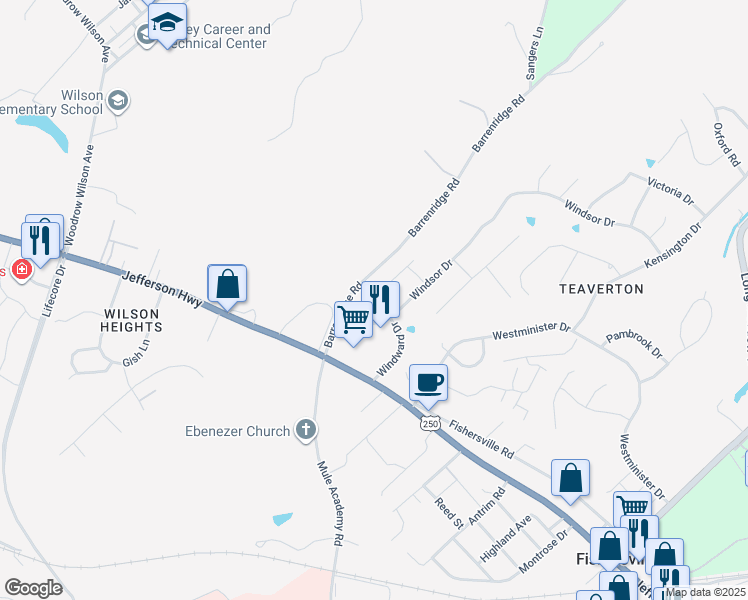 map of restaurants, bars, coffee shops, grocery stores, and more near 341 Windsor Drive in Fishersville