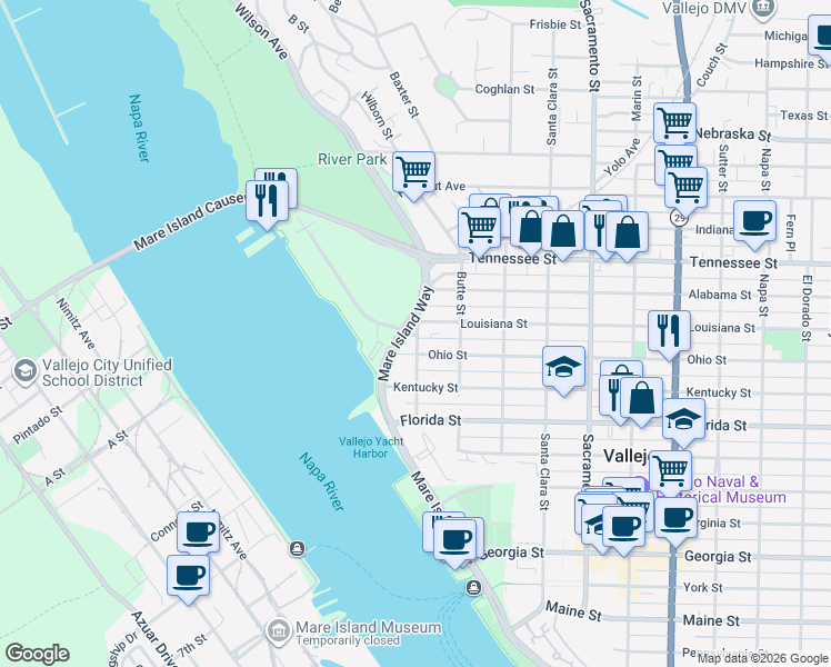 map of restaurants, bars, coffee shops, grocery stores, and more near 405 Trinity Street in Vallejo