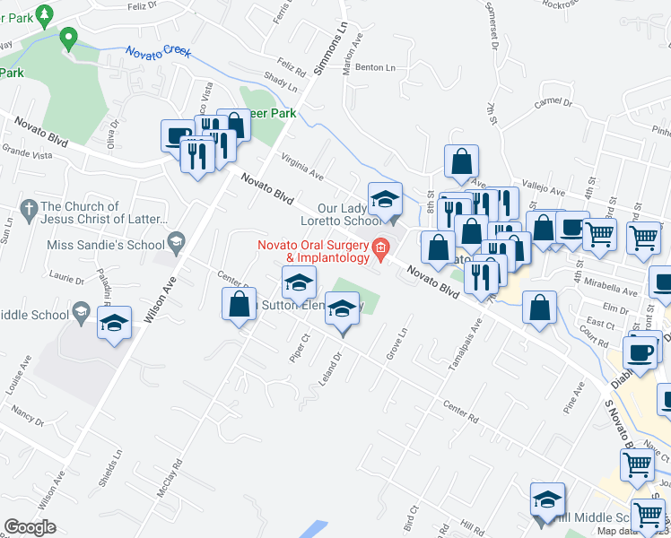map of restaurants, bars, coffee shops, grocery stores, and more near 13 Saint Paul Circle in Novato