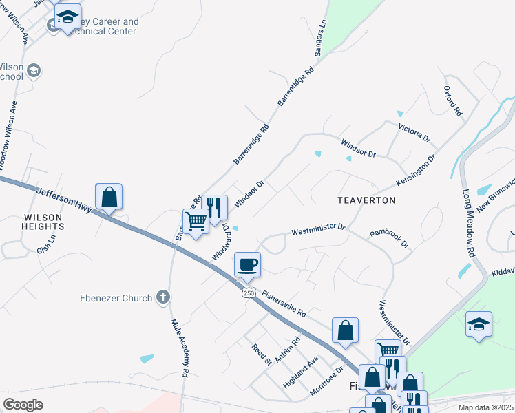 map of restaurants, bars, coffee shops, grocery stores, and more near 33 South Windsong Court in Fishersville