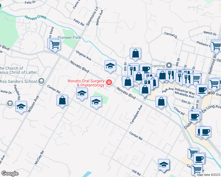 map of restaurants, bars, coffee shops, grocery stores, and more near 1755 Novato Boulevard in Novato
