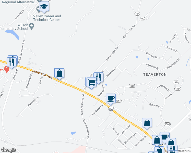 map of restaurants, bars, coffee shops, grocery stores, and more near 341 Windsor Drive in Fishersville