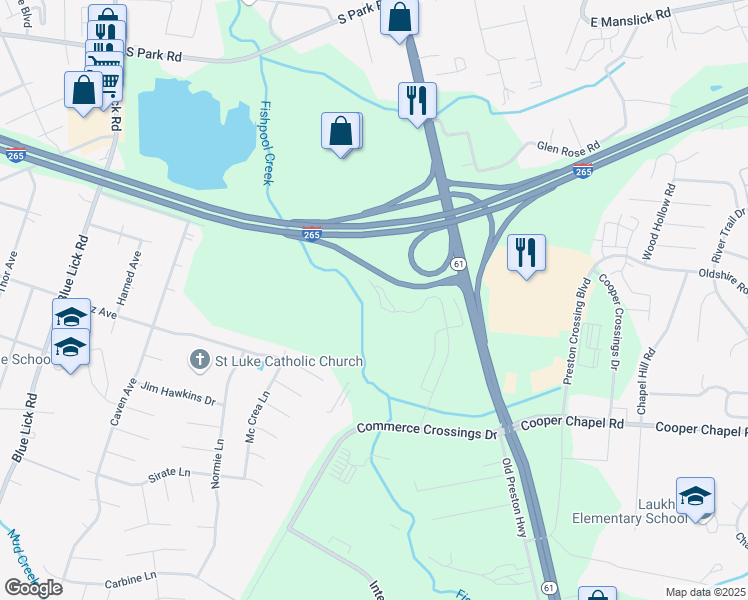 map of restaurants, bars, coffee shops, grocery stores, and more near 9614 Cooper Church Drive in Louisville