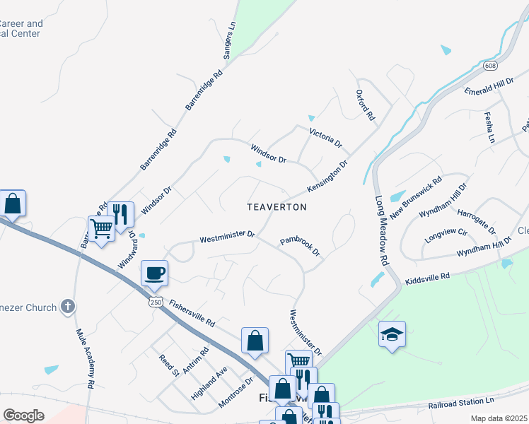 map of restaurants, bars, coffee shops, grocery stores, and more near 40 Kensington Drive in Fishersville