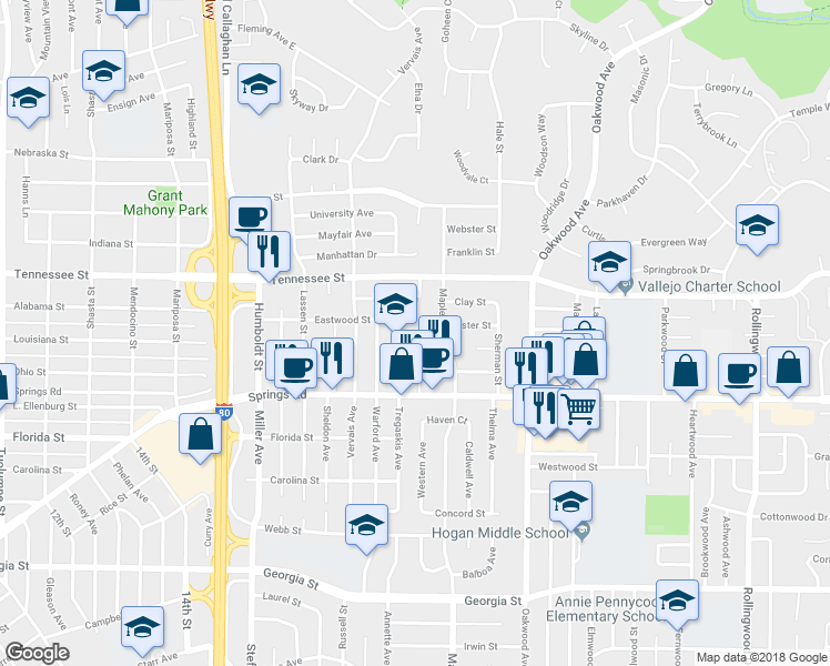 map of restaurants, bars, coffee shops, grocery stores, and more near 770 Tregaskis Avenue in Vallejo