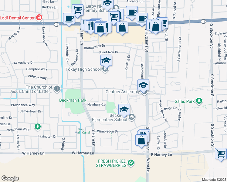 map of restaurants, bars, coffee shops, grocery stores, and more near 781 Dorchester Circle in Lodi