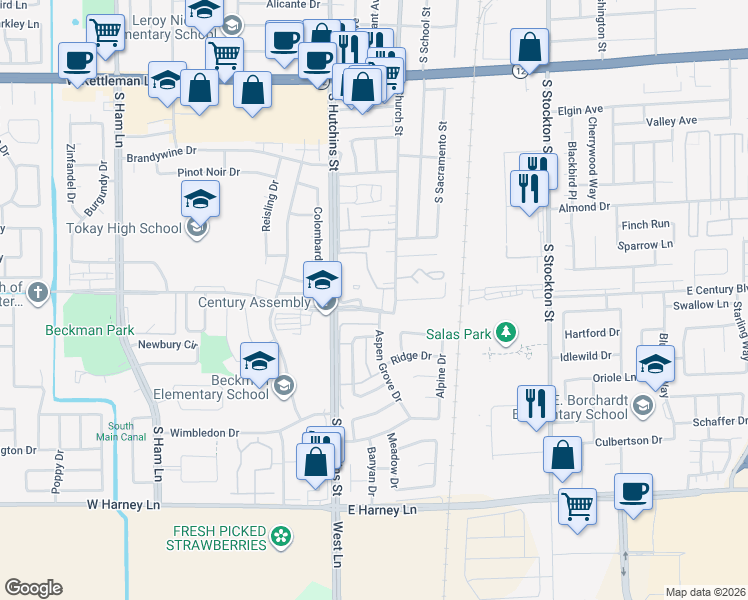 map of restaurants, bars, coffee shops, grocery stores, and more near 210 West Century Boulevard in Lodi