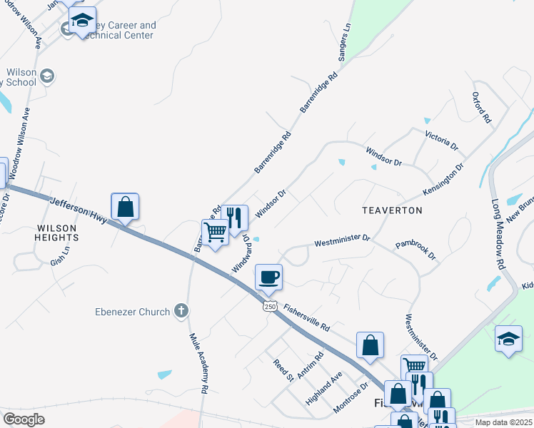 map of restaurants, bars, coffee shops, grocery stores, and more near 284 Windsor Drive in Fishersville