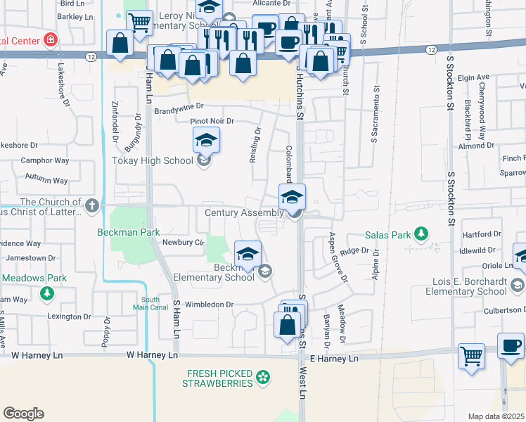 map of restaurants, bars, coffee shops, grocery stores, and more near 1111 West Century Boulevard in Lodi