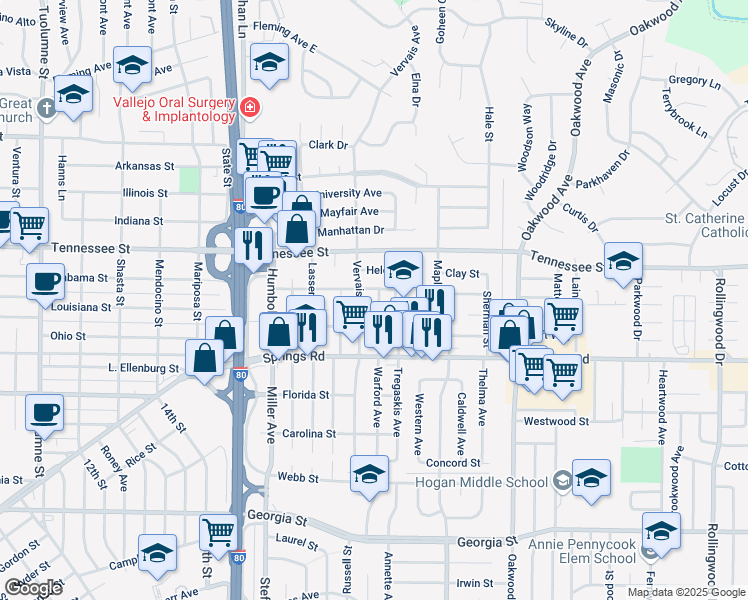 map of restaurants, bars, coffee shops, grocery stores, and more near 749 Vervais Avenue in Vallejo