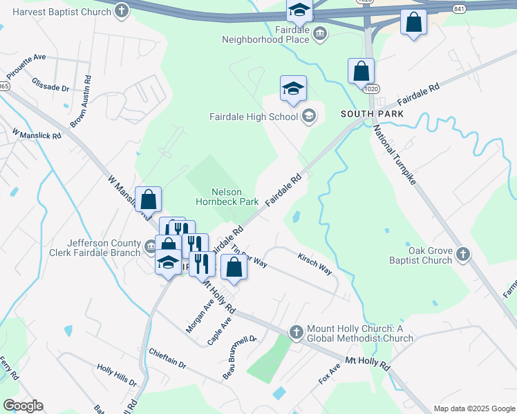 map of restaurants, bars, coffee shops, grocery stores, and more near 711 Fairdale Road in Louisville