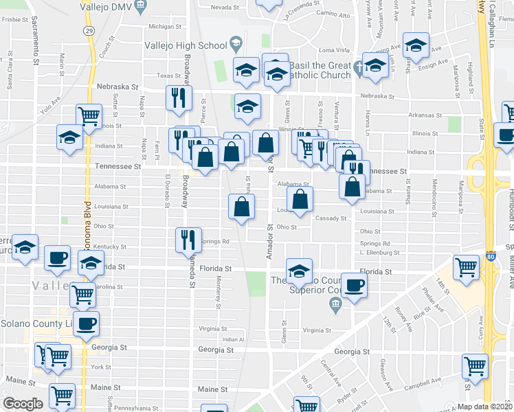 map of restaurants, bars, coffee shops, grocery stores, and more near 1268 Louisiana Street in Vallejo
