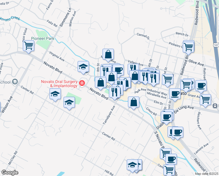 map of restaurants, bars, coffee shops, grocery stores, and more near 1737 Grant Avenue in Novato