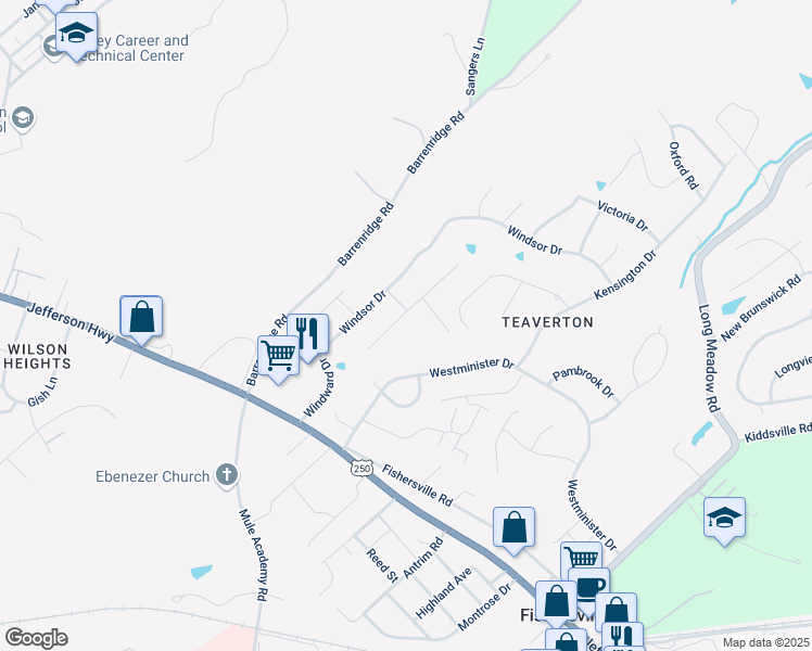 map of restaurants, bars, coffee shops, grocery stores, and more near 10 South Windsong Court in Fishersville