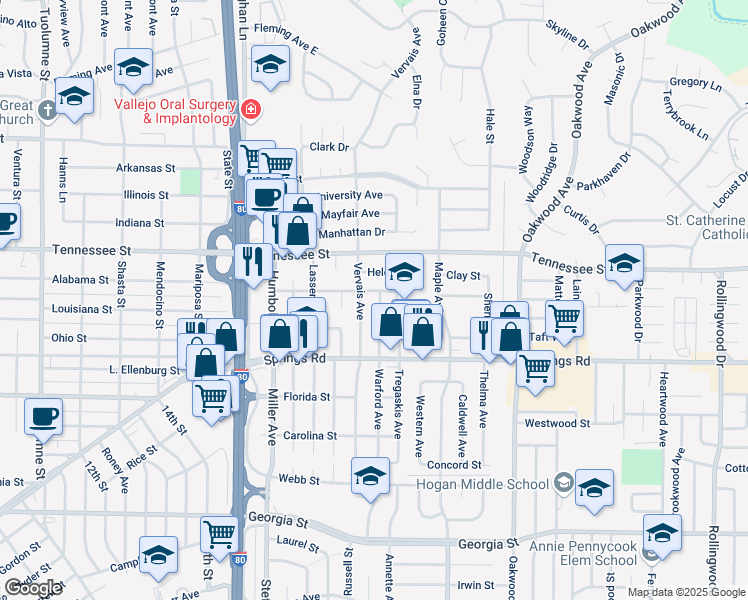 map of restaurants, bars, coffee shops, grocery stores, and more near 749 Vervais Avenue in Vallejo
