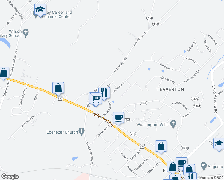 map of restaurants, bars, coffee shops, grocery stores, and more near 299 Windsor Drive in Fishersville