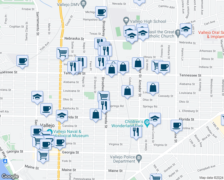 map of restaurants, bars, coffee shops, grocery stores, and more near 1152 Louisiana Street in Vallejo
