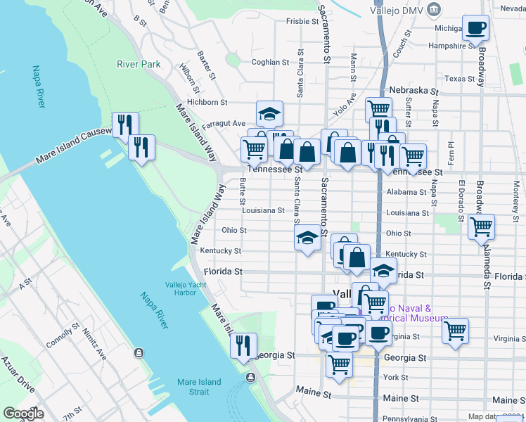 map of restaurants, bars, coffee shops, grocery stores, and more near 236 Ohio Street in Vallejo