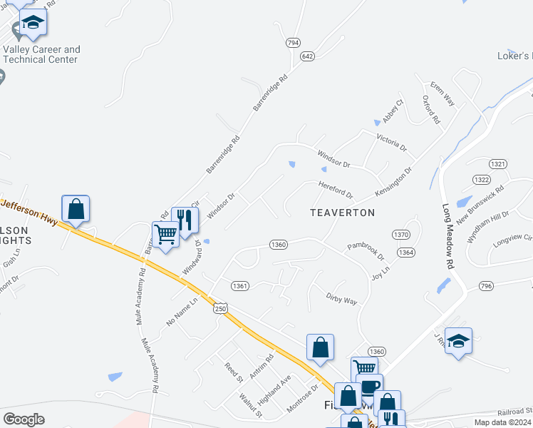 map of restaurants, bars, coffee shops, grocery stores, and more near in Fishersville
