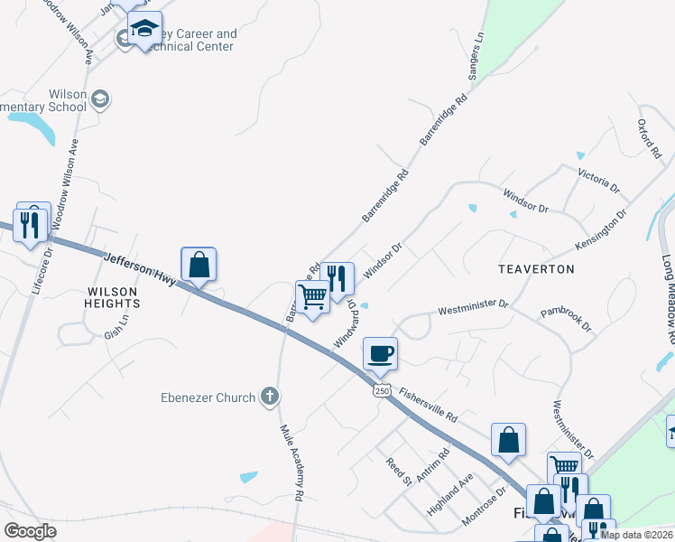 map of restaurants, bars, coffee shops, grocery stores, and more near 341 Windsor Drive in Fishersville