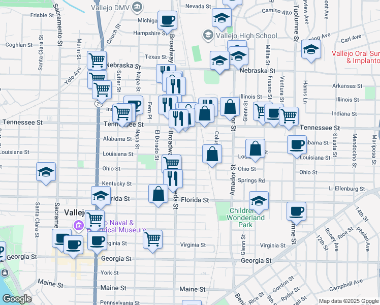 map of restaurants, bars, coffee shops, grocery stores, and more near 1168 Louisiana Street in Vallejo