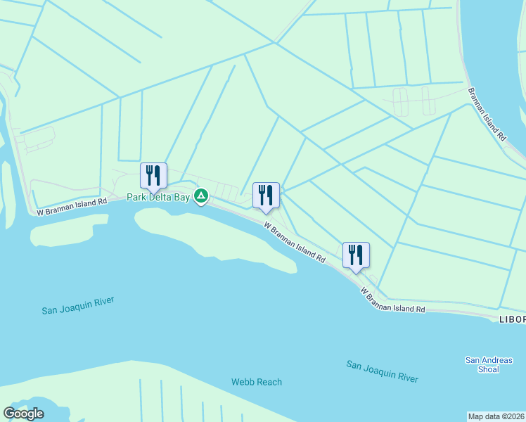 map of restaurants, bars, coffee shops, grocery stores, and more near 54 West Brannan Island Road in Isleton