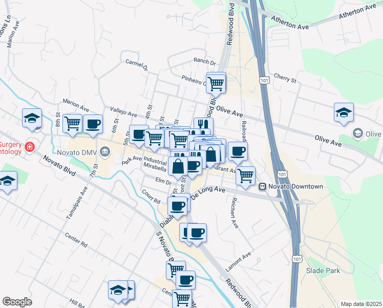 map of restaurants, bars, coffee shops, grocery stores, and more near 7333 Redwood Boulevard in Novato