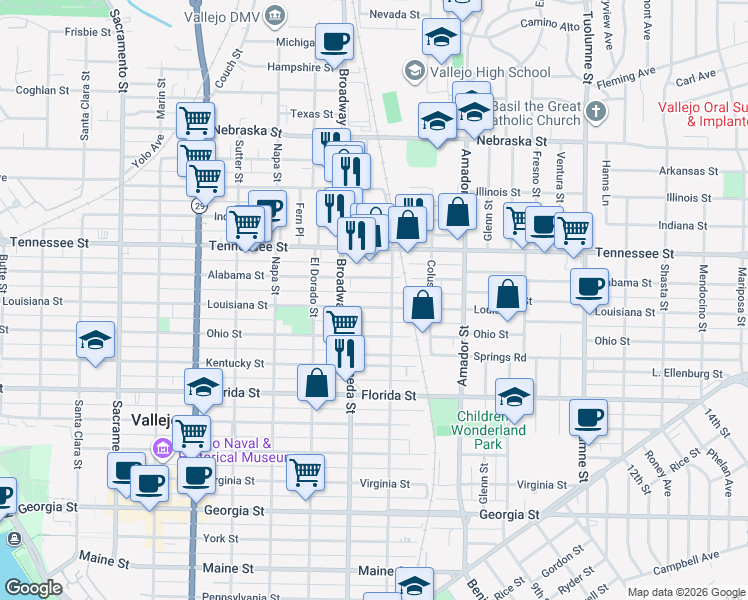 map of restaurants, bars, coffee shops, grocery stores, and more near 1158 Louisiana Street in Vallejo