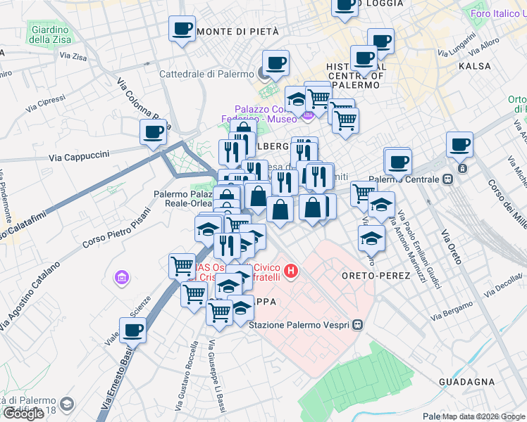 map of restaurants, bars, coffee shops, grocery stores, and more near 10 Corso Tukory in Palermo